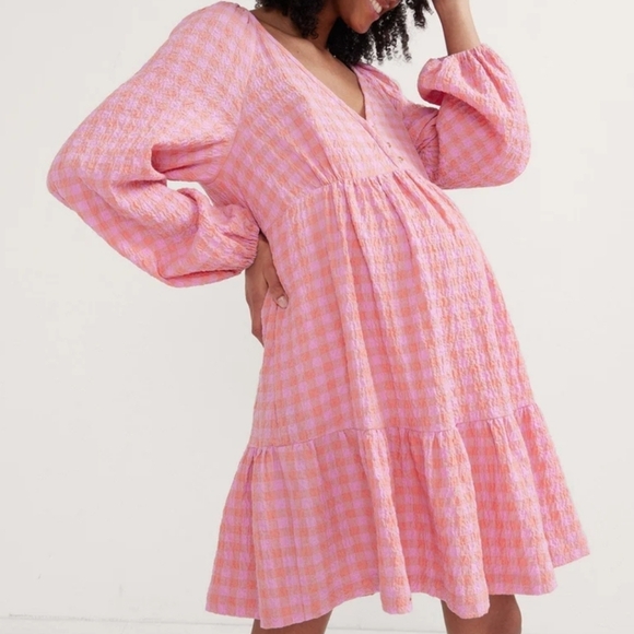 HATCH Women's Collection The Maternity Kelsey Pink Gingham Plaid Dress - Picture 1 of 6